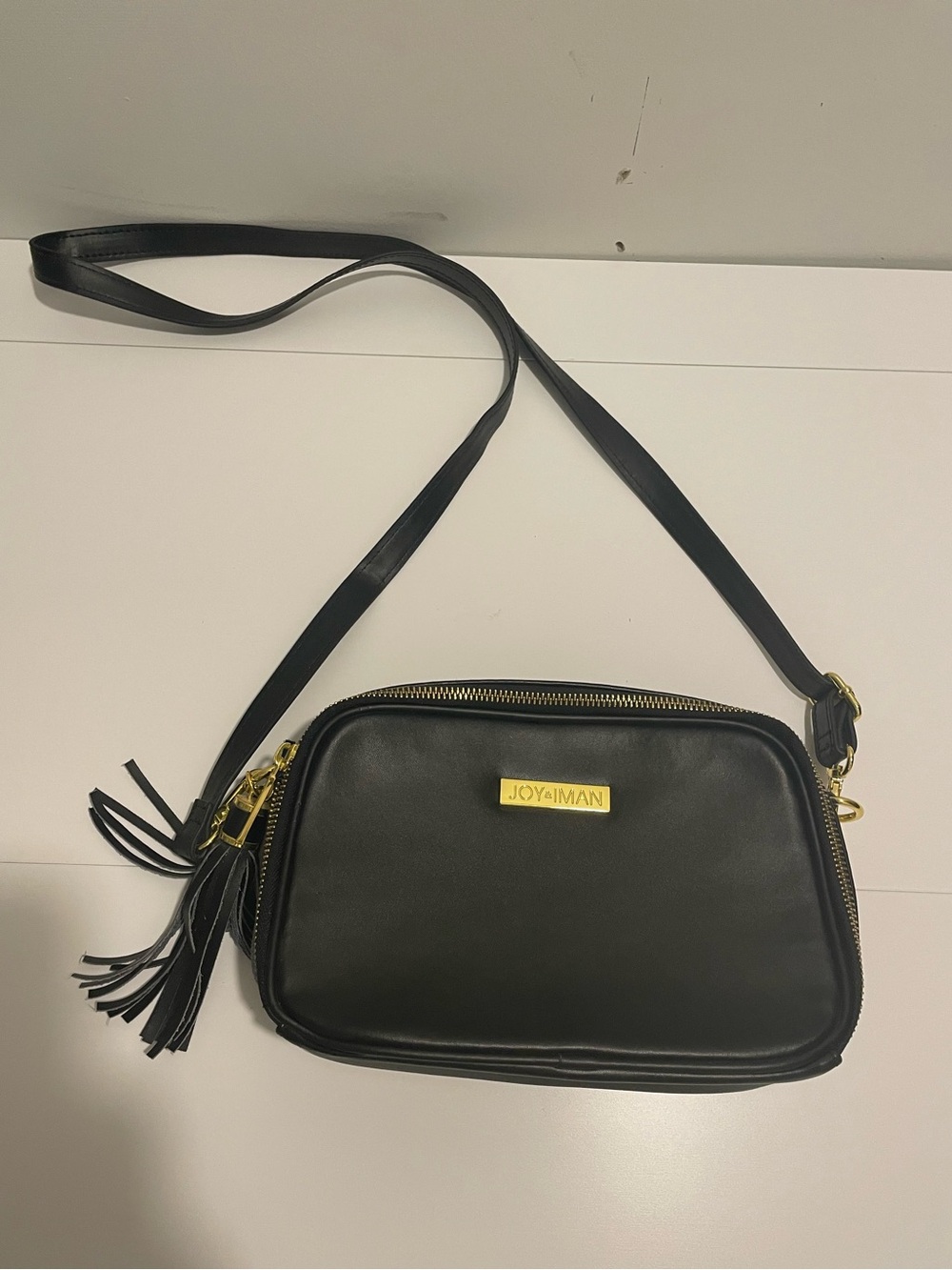 Joy & Iman Brand Crossbody Bag Purse Black Gold Hardware Tassel Leather